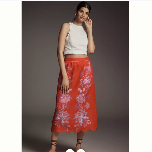 Farm Rio Porcelain Garden Euroflax Premium Linen Embroidered Scallop-Hem Skirt - Picture 5 of 16